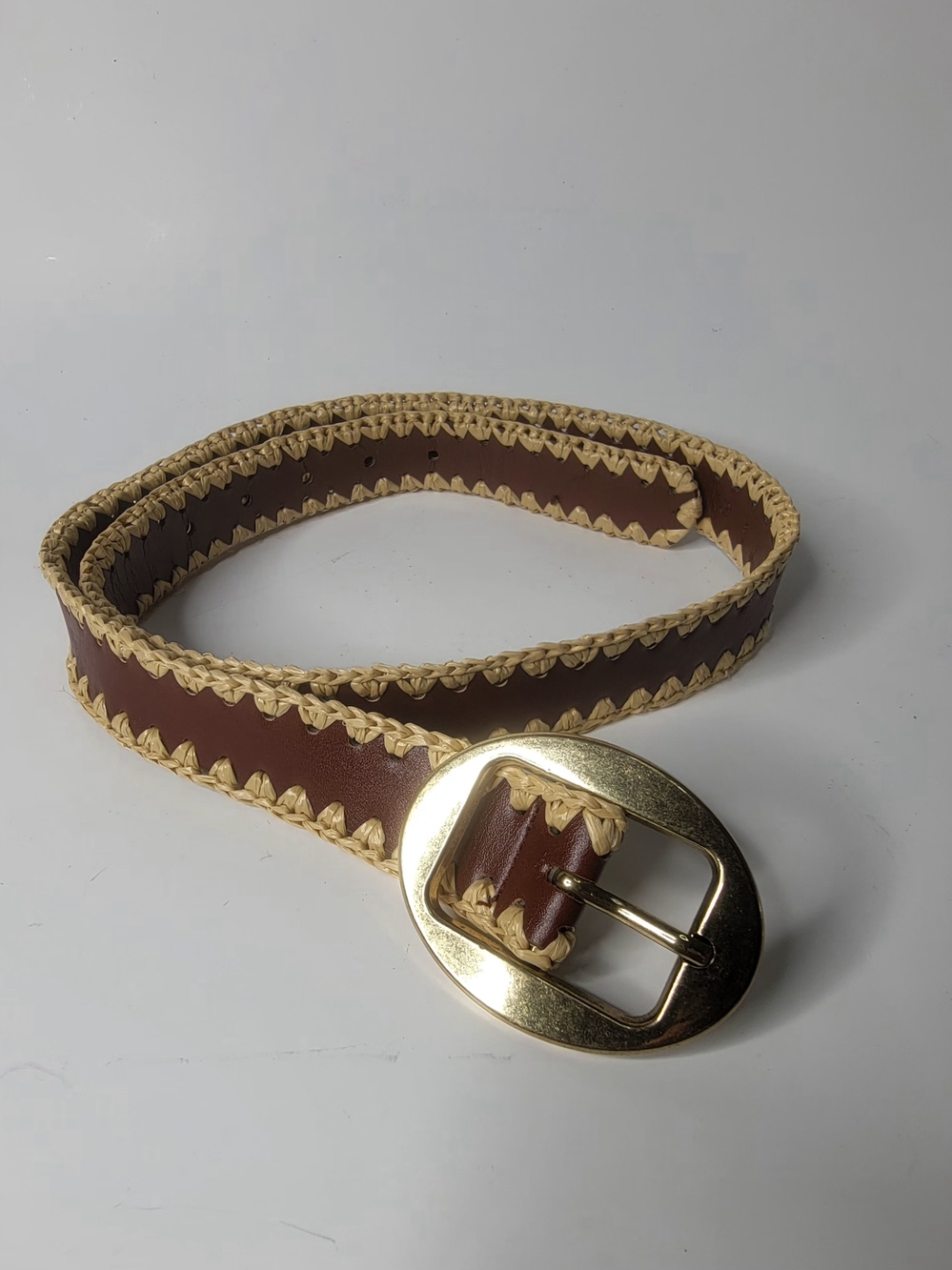 Mango Handwoven Edge Brown Leather Belt with Gold Buckle Size S
